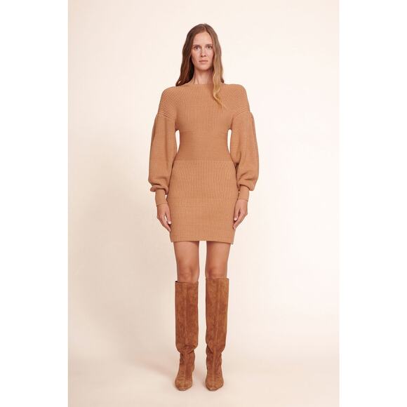 STAUD Marylebone Brown Tan Balloon Long Sleeve Knit Mini Bodycon Sweater Dress M - Picture 1 of 6